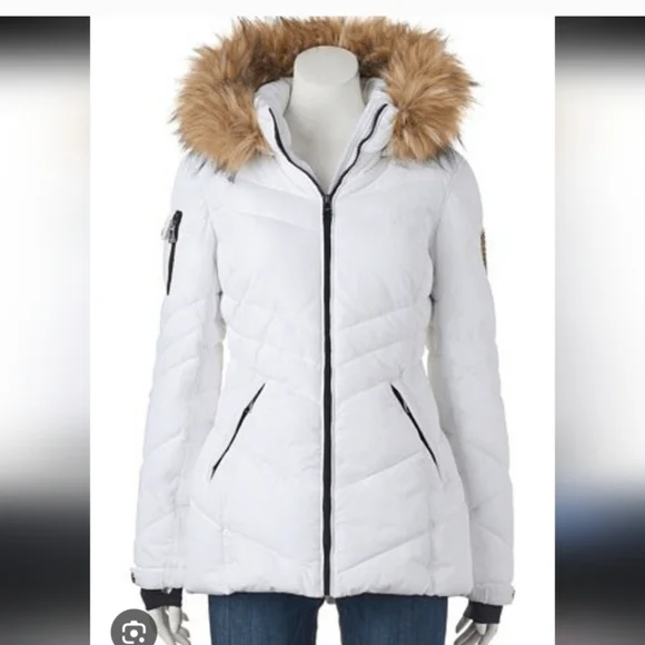 Madden Girl Hooded White Puffer Coat Jacket Parka Faux Fur Trim Hood Sz M Medium - Picture 2 of 16